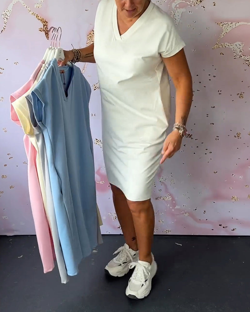 Solivelle | Solid V Neck Dress