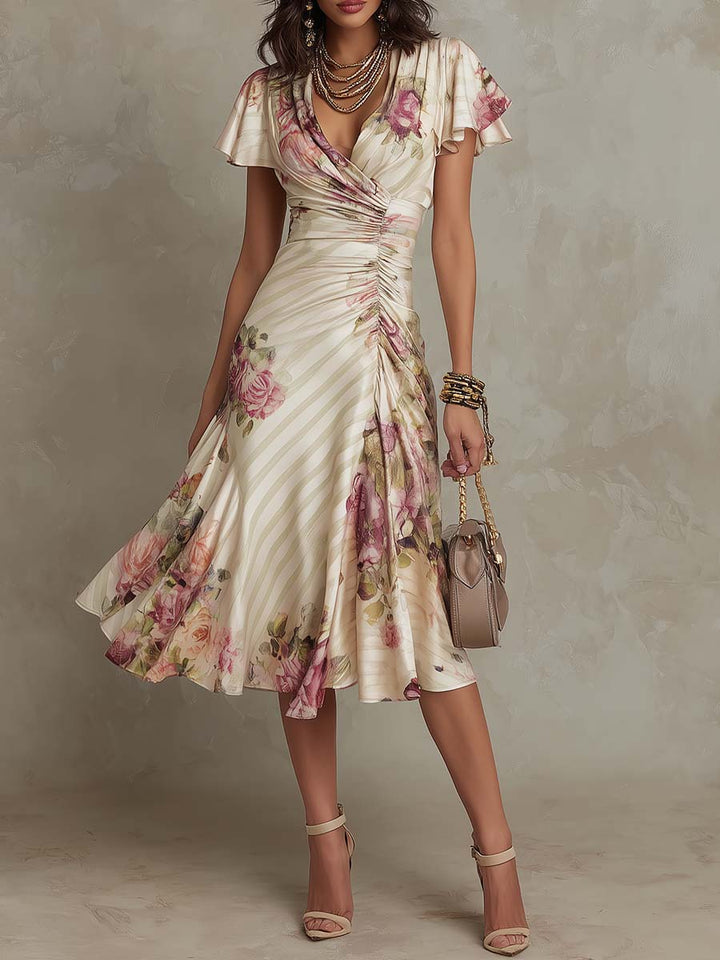 Alba™ | Elegant satin midi dress with a retro floral pattern 0