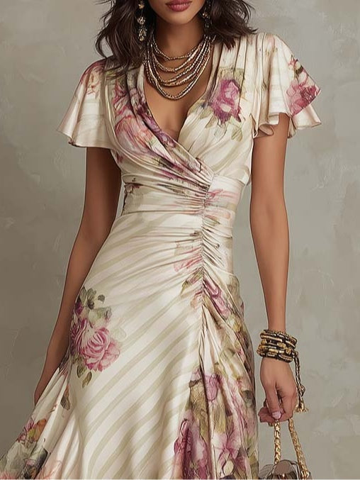 Alba™ | Elegant satin midi dress with a retro floral pattern 2