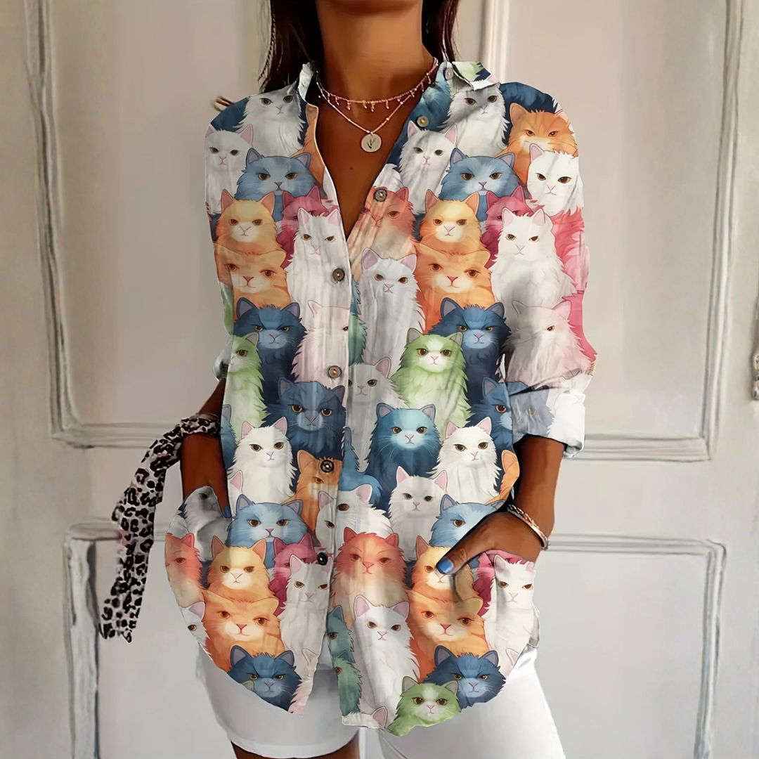 Cateline™ Playful Cat Print Blouse 0