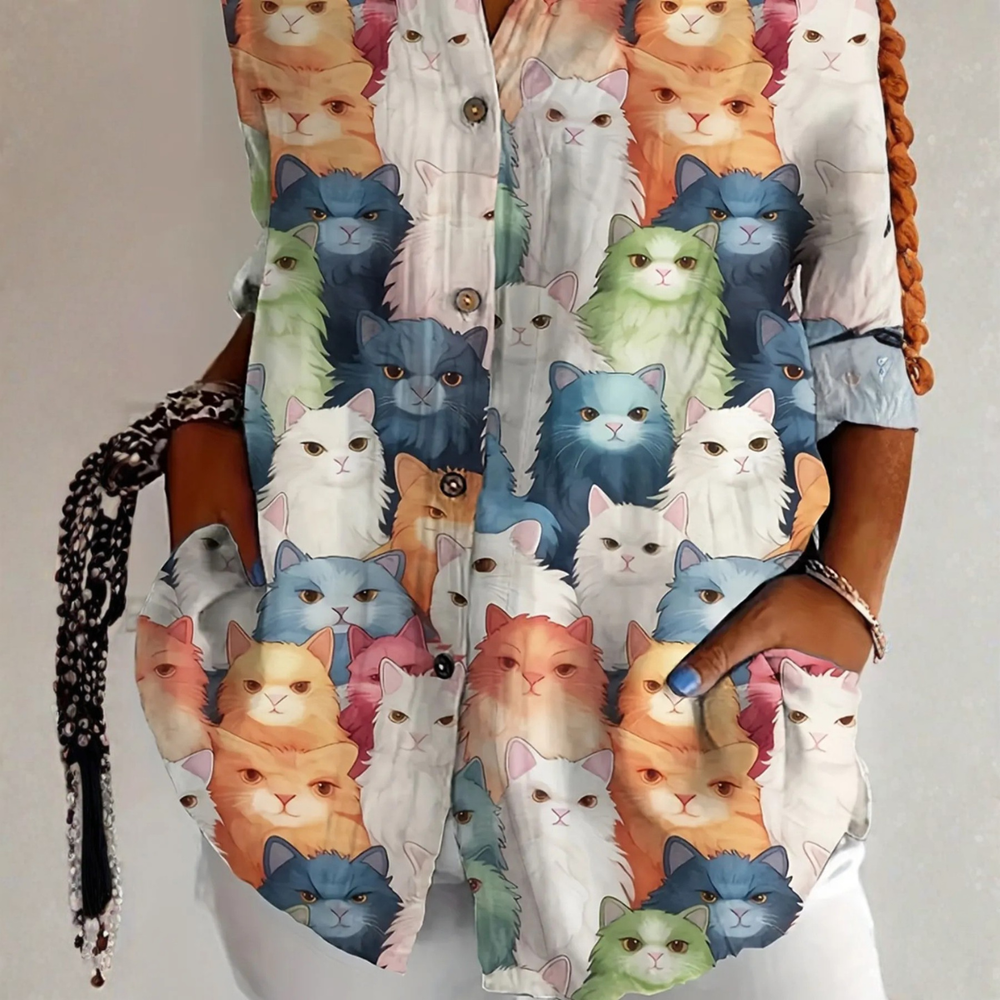 Cateline™ Playful Cat Print Blouse 1