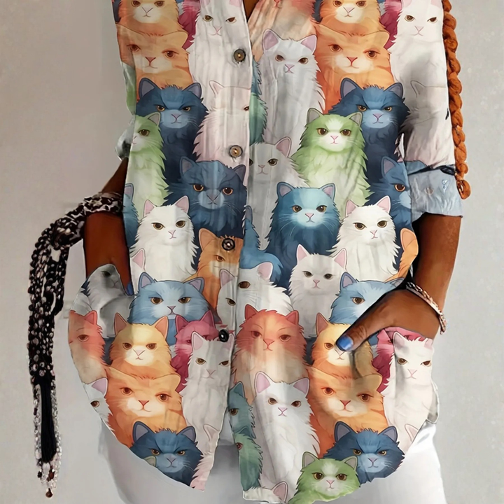 Cateline™ Playful Cat Print Blouse 1