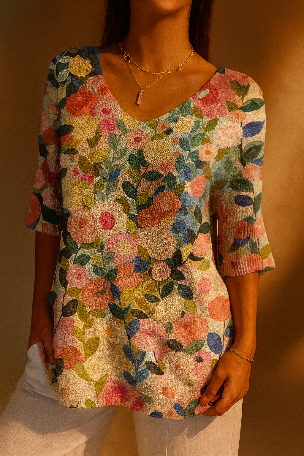 Colorful Spring Floral Garden Printed Women's Casual Pullover Knit 1