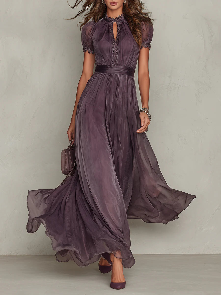 Flavia • Vestito lungo viola con scollo a chiave, burgundy in pizzo di chiffon 0