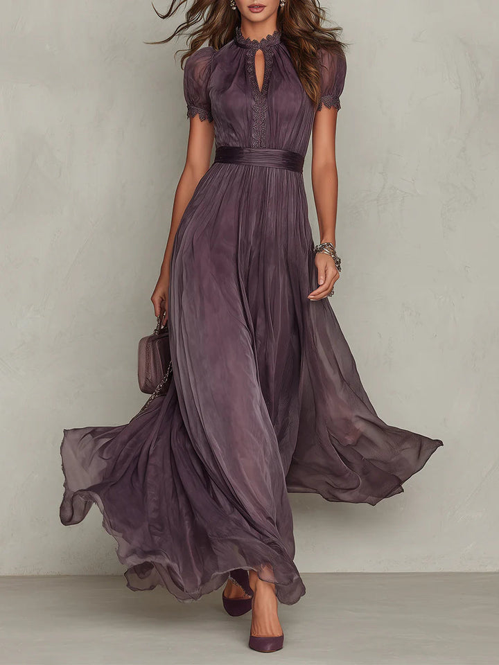 Flavia • Vestito lungo viola con scollo a chiave, burgundy in pizzo di chiffon 0