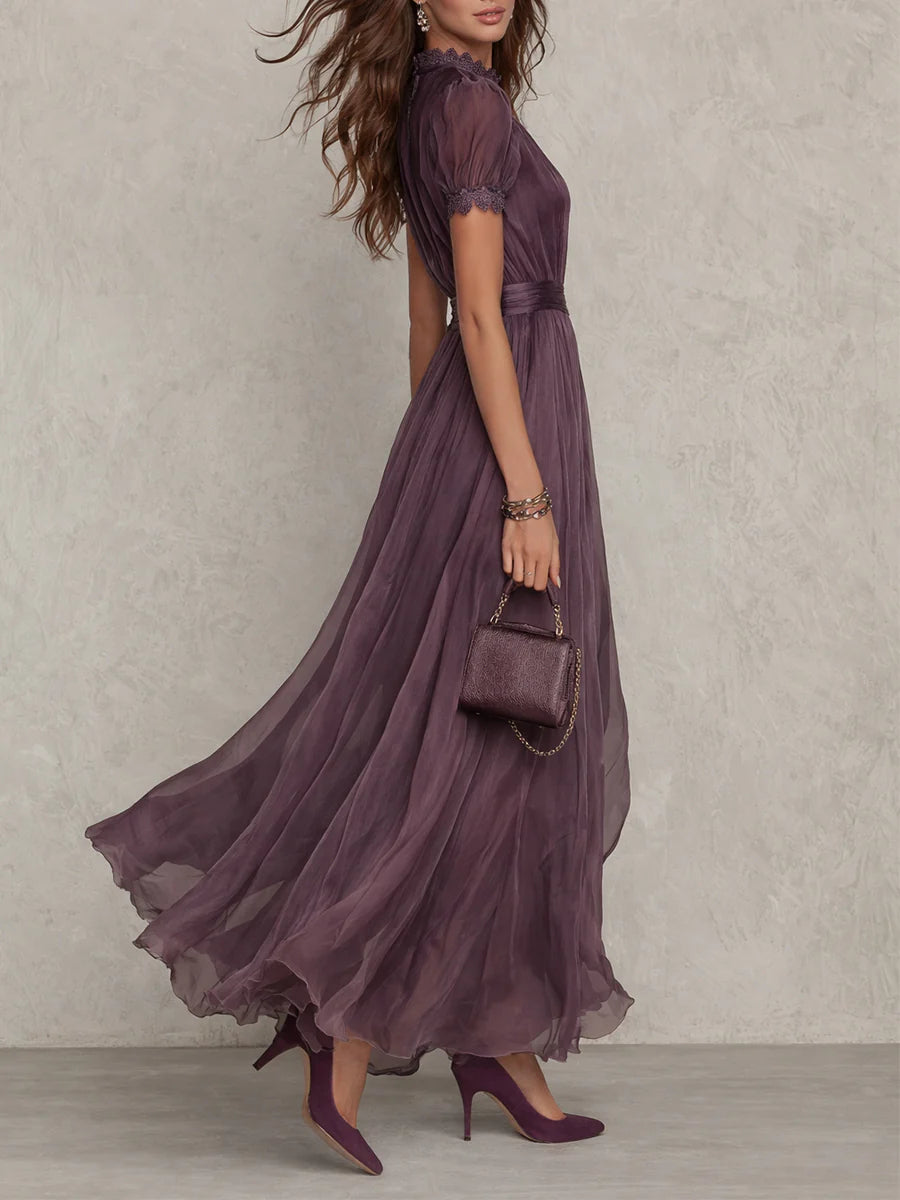 Flavia • Vestito lungo viola con scollo a chiave, burgundy in pizzo di chiffon 1