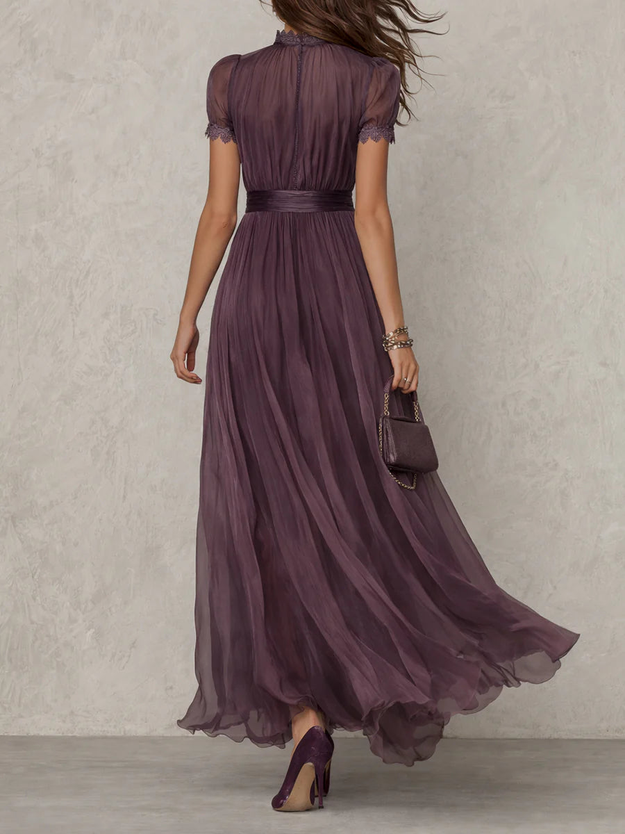 Flavia • Vestito lungo viola con scollo a chiave, burgundy in pizzo di chiffon 2