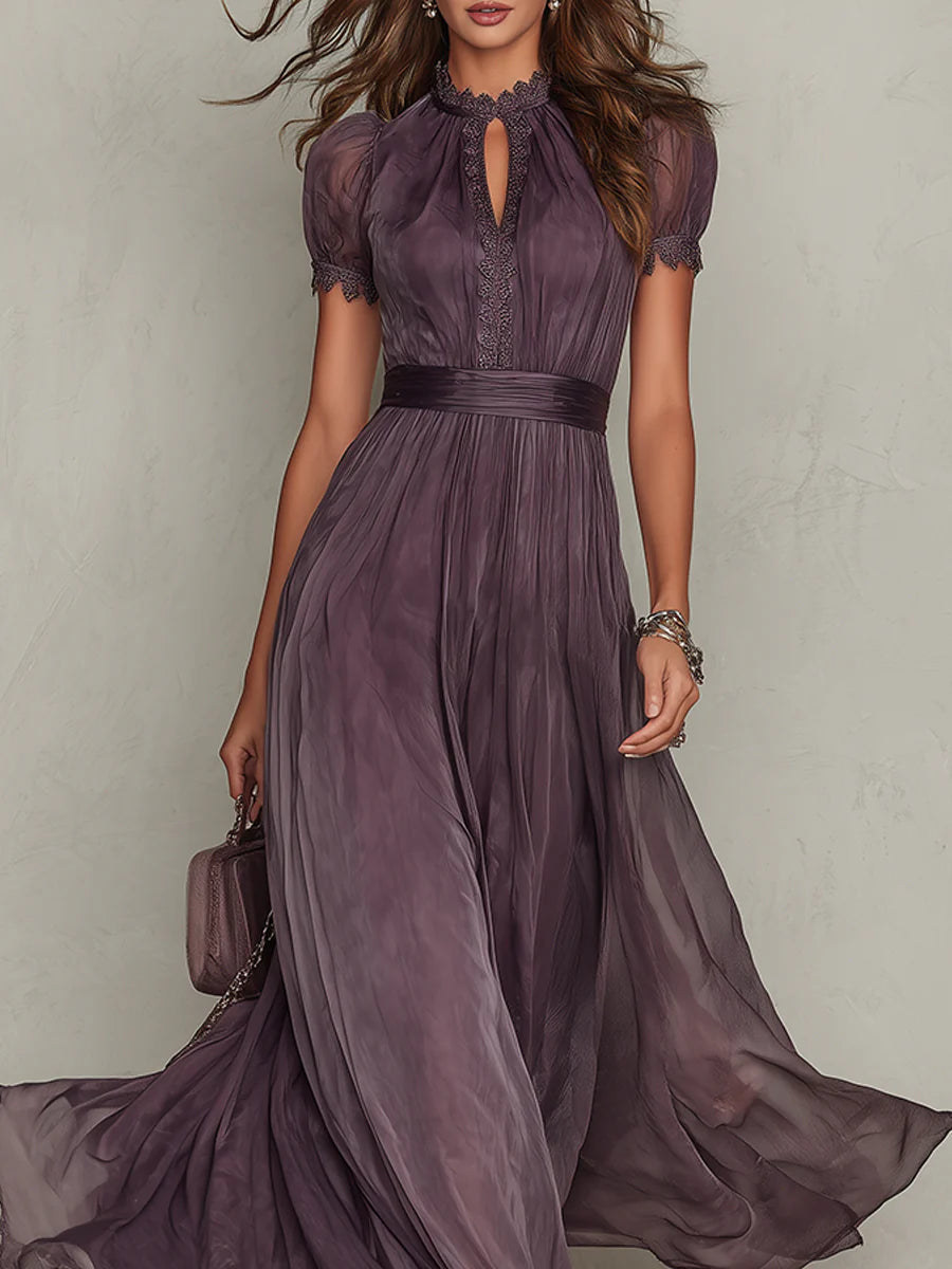 Flavia • Vestito lungo viola con scollo a chiave, burgundy in pizzo di chiffon 3