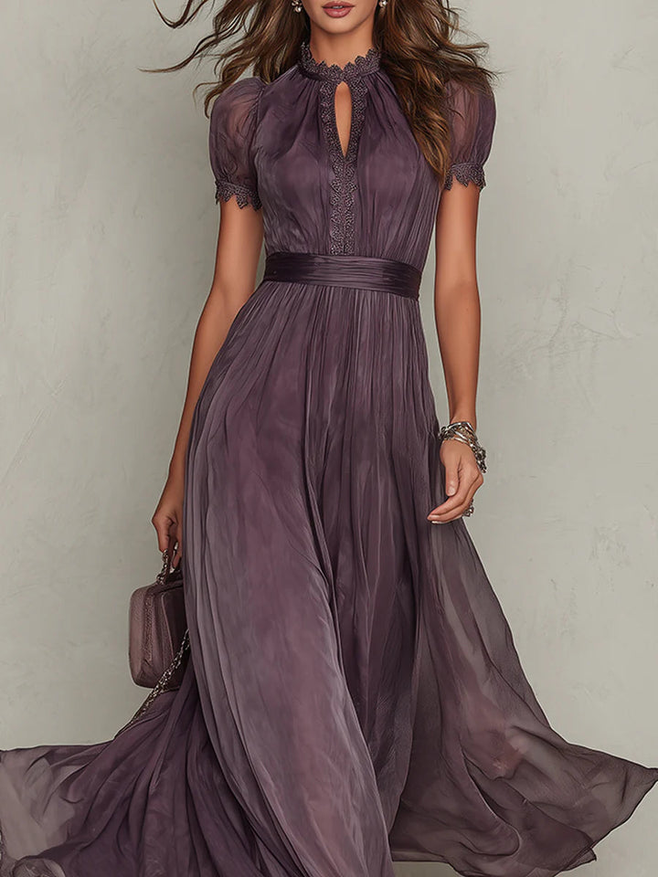 Flavia • Vestito lungo viola con scollo a chiave, burgundy in pizzo di chiffon 3