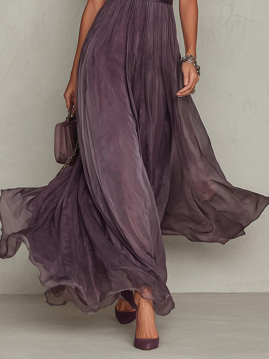 Flavia • Vestito lungo viola con scollo a chiave, burgundy in pizzo di chiffon 4