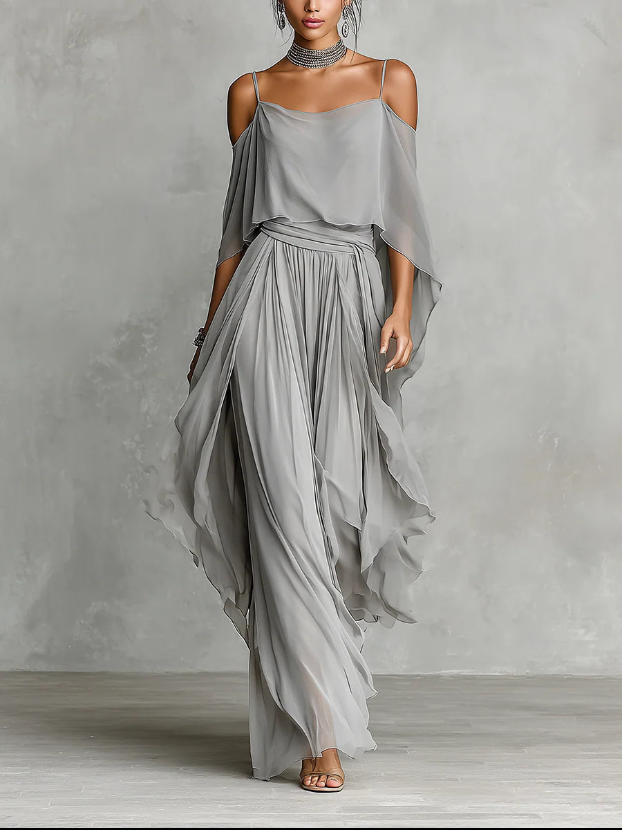 Isabella™ | Flowy set with a gray off-the-shoulder top and chiffon pants 0
