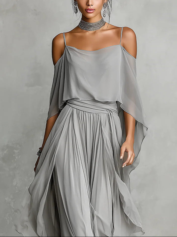 Isabella™ | Flowy set with a gray off-the-shoulder top and chiffon pants 1