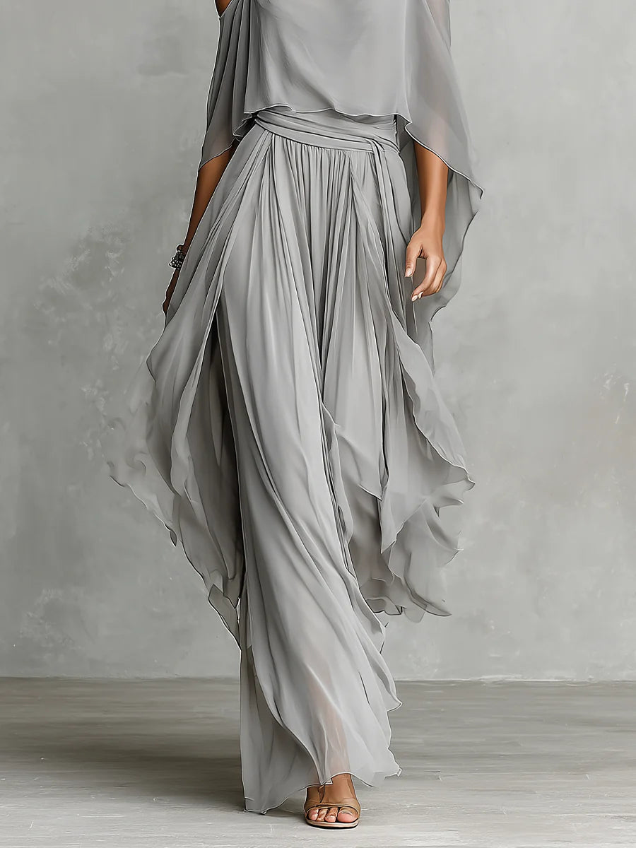 Isabella™ | Flowy set with a gray off-the-shoulder top and chiffon pants 2