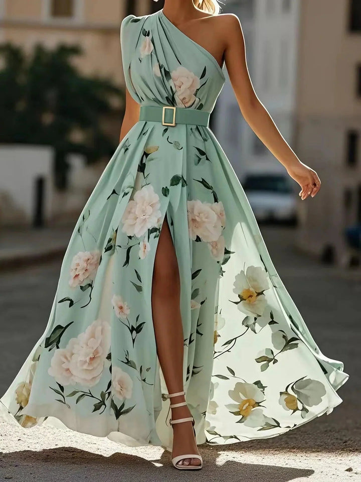 Julie | Light Green Floral Chiffon One-Shoulder Maxi Dress 1
