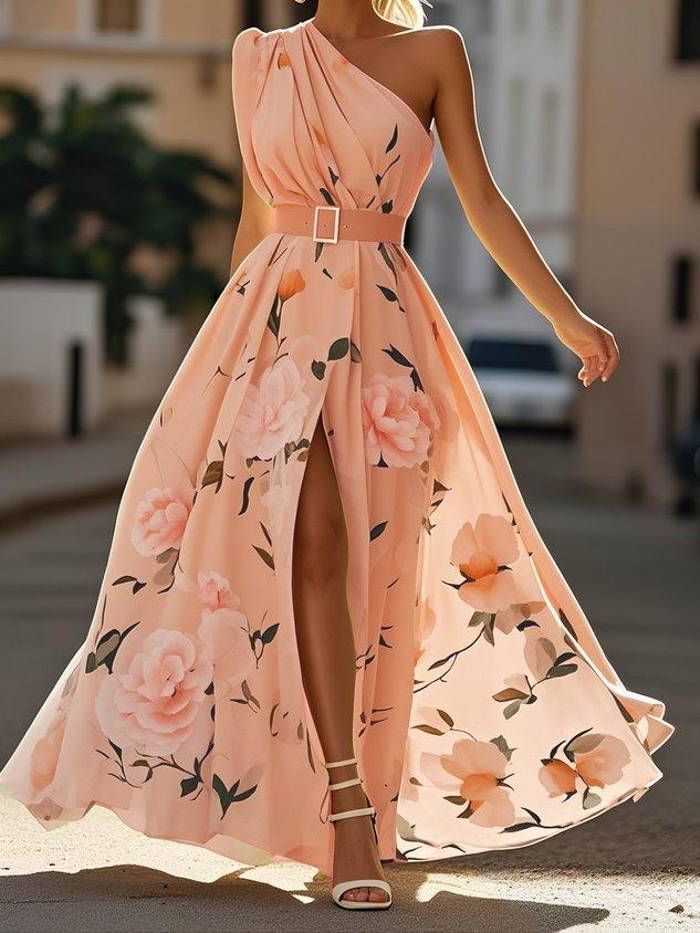 Julie | Light Green Floral Chiffon One-Shoulder Maxi Dress 10