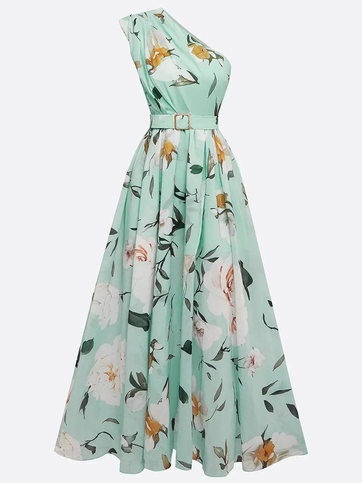 Julie | Light Green Floral Chiffon One-Shoulder Maxi Dress 2