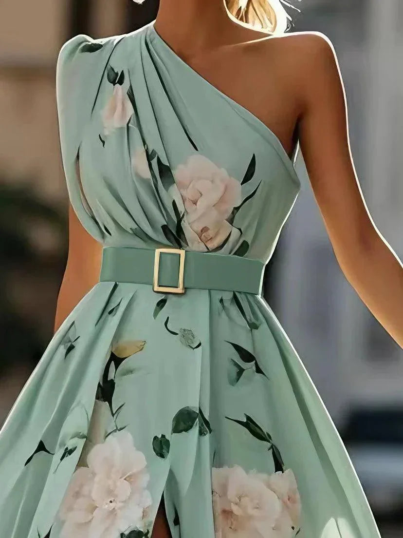 Julie | Light Green Floral Chiffon One-Shoulder Maxi Dress 4