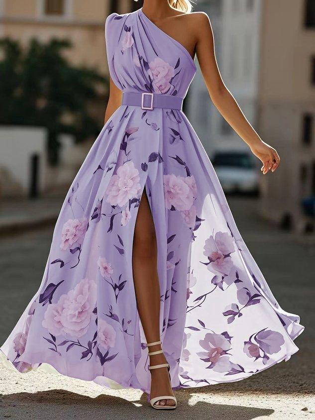 Julie | Light Green Floral Chiffon One-Shoulder Maxi Dress 9