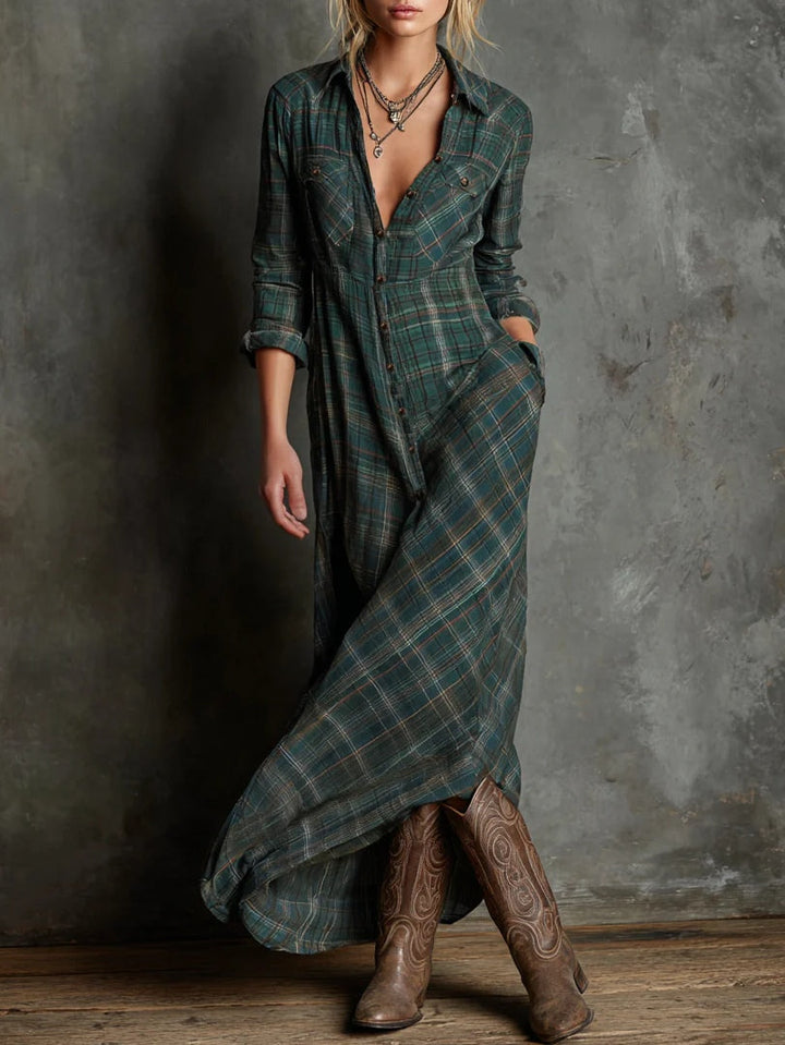 Livia™ | Long dress with a green plaid shirt collar 0