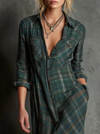 Livia™ | Long dress with a green plaid shirt collar 2