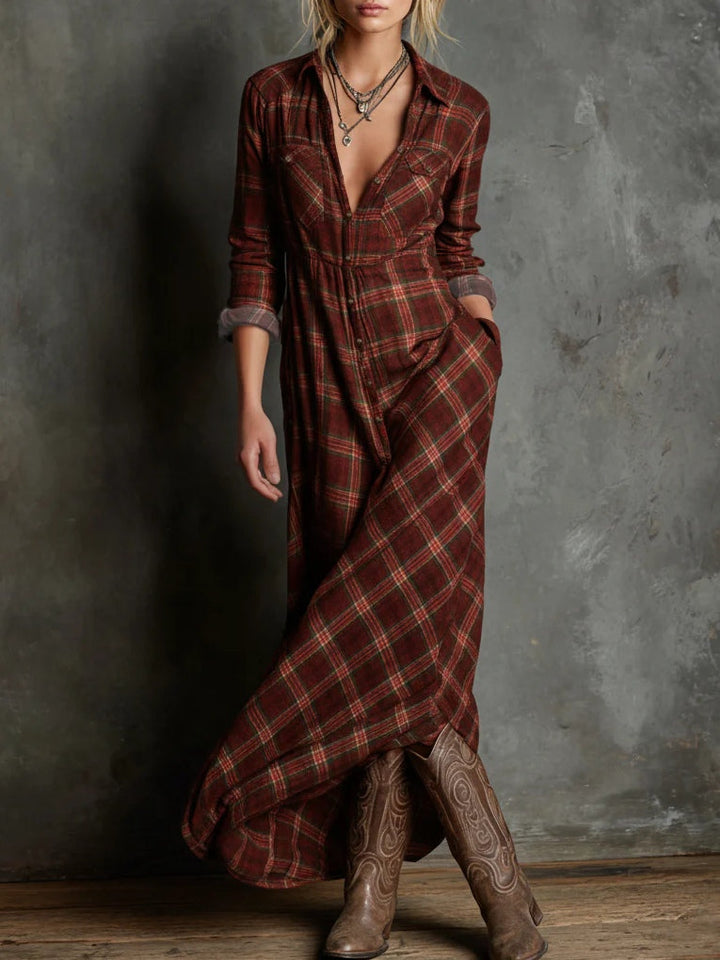 Livia™ | Long dress with a green plaid shirt collar 4