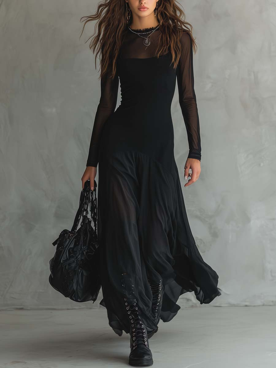 Neroa™ | Black tulle maxi dress with a loose fit 0