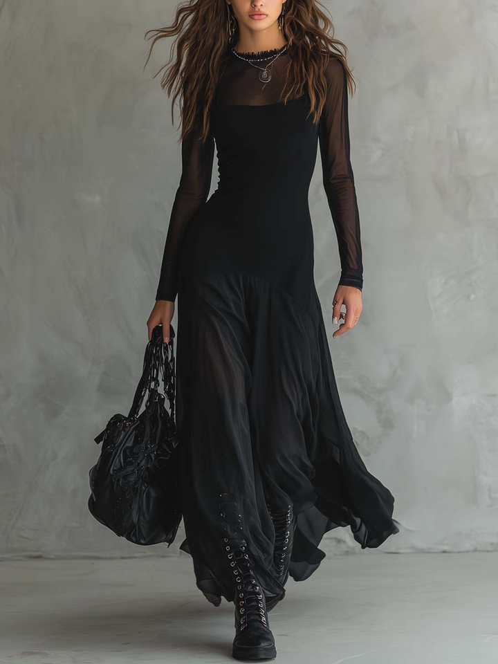Neroa™ | Black tulle maxi dress with a loose fit 0