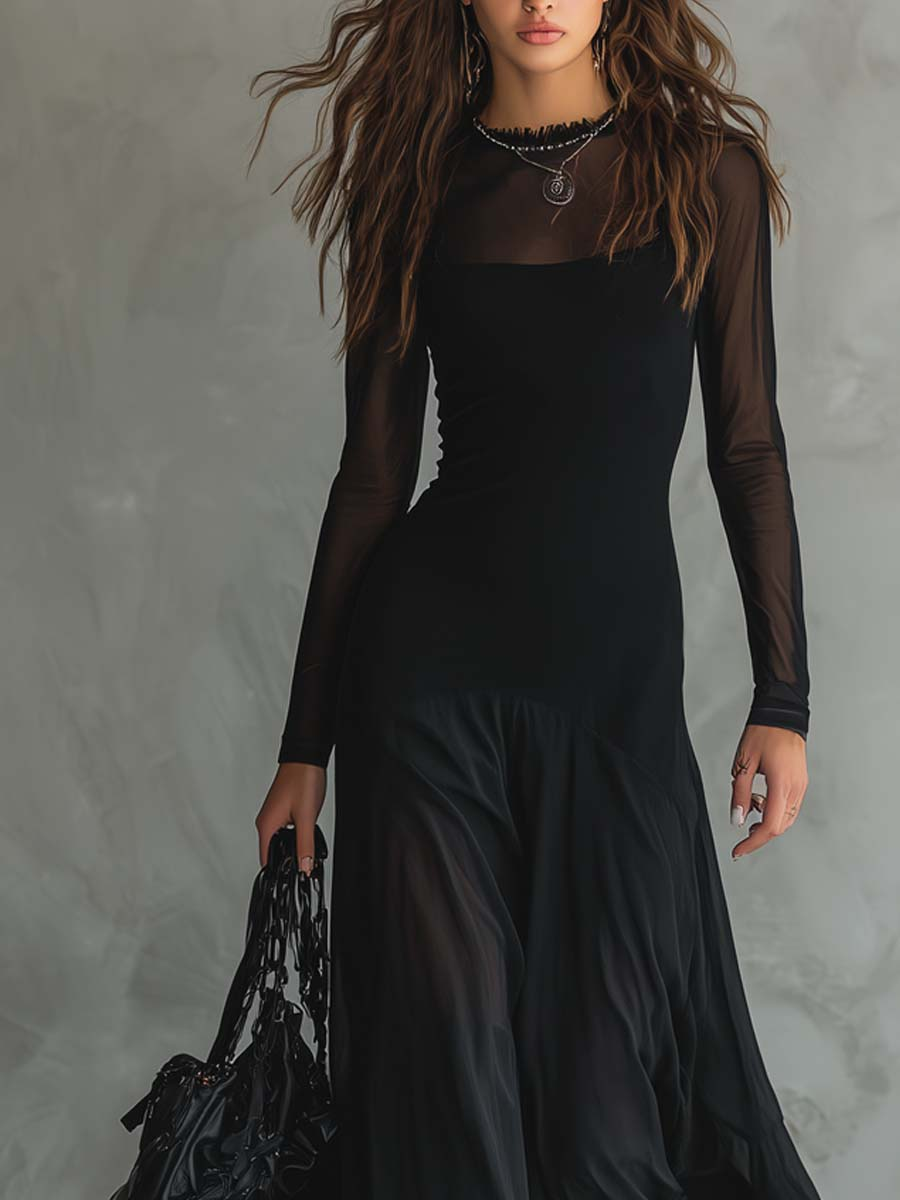 Neroa™ | Black tulle maxi dress with a loose fit 1