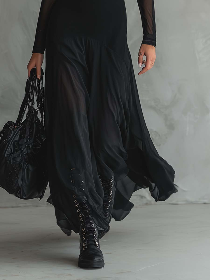 Neroa™ | Black tulle maxi dress with a loose fit 2