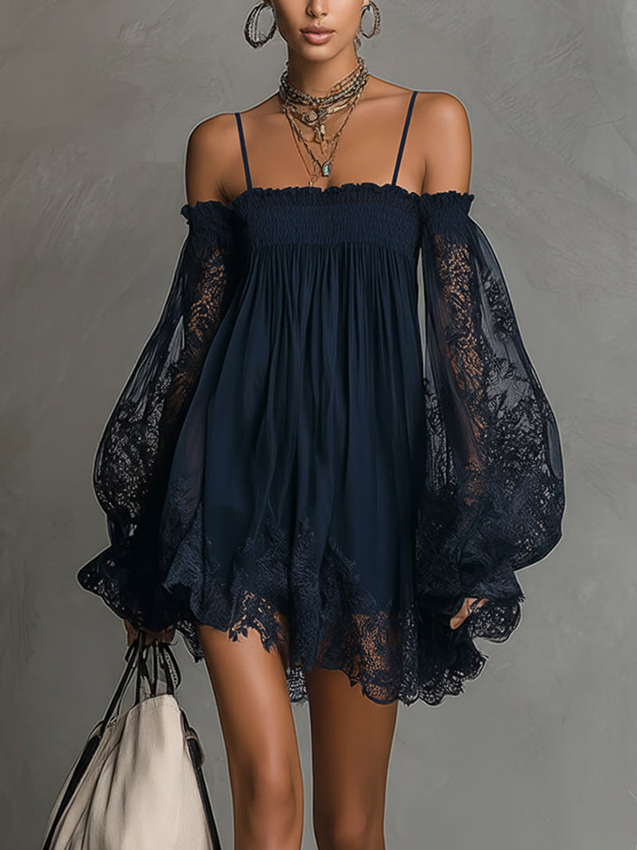 Noemi™ | Navy Blue Off-Shoulder Lace Mini Dress 0