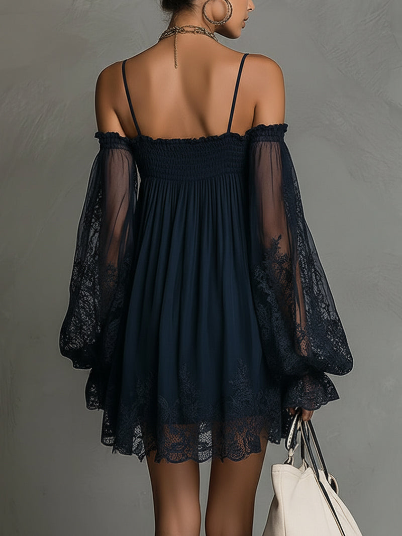 Noemi™ | Navy Blue Off-Shoulder Lace Mini Dress 3