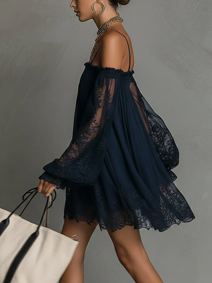 Noemi™ | Navy Blue Off-Shoulder Lace Mini Dress 5