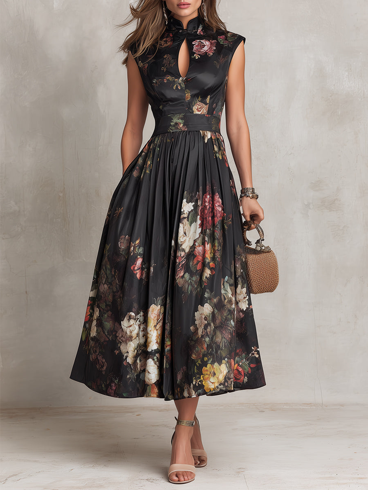Patricia | Black Floral Satin Pleated Midi Dress 0