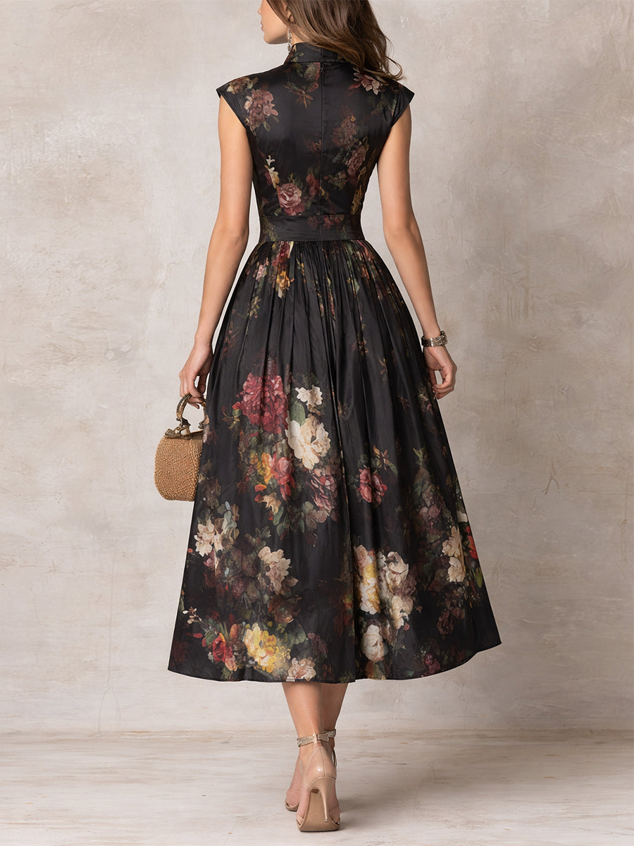 Patricia | Black Floral Satin Pleated Midi Dress 1