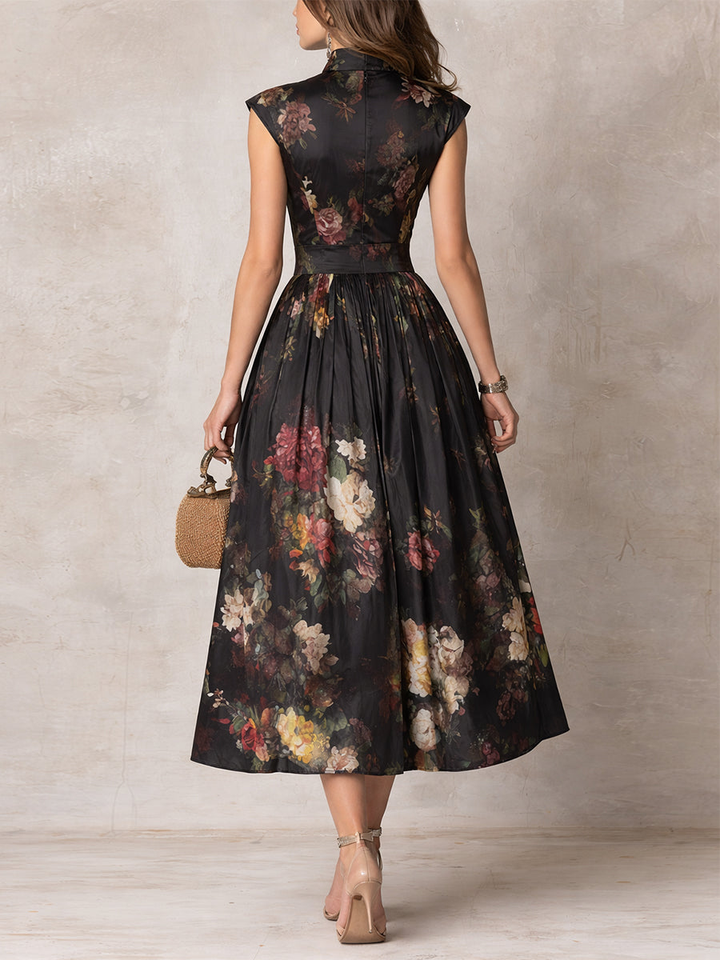 Patricia | Black Floral Satin Pleated Midi Dress 1