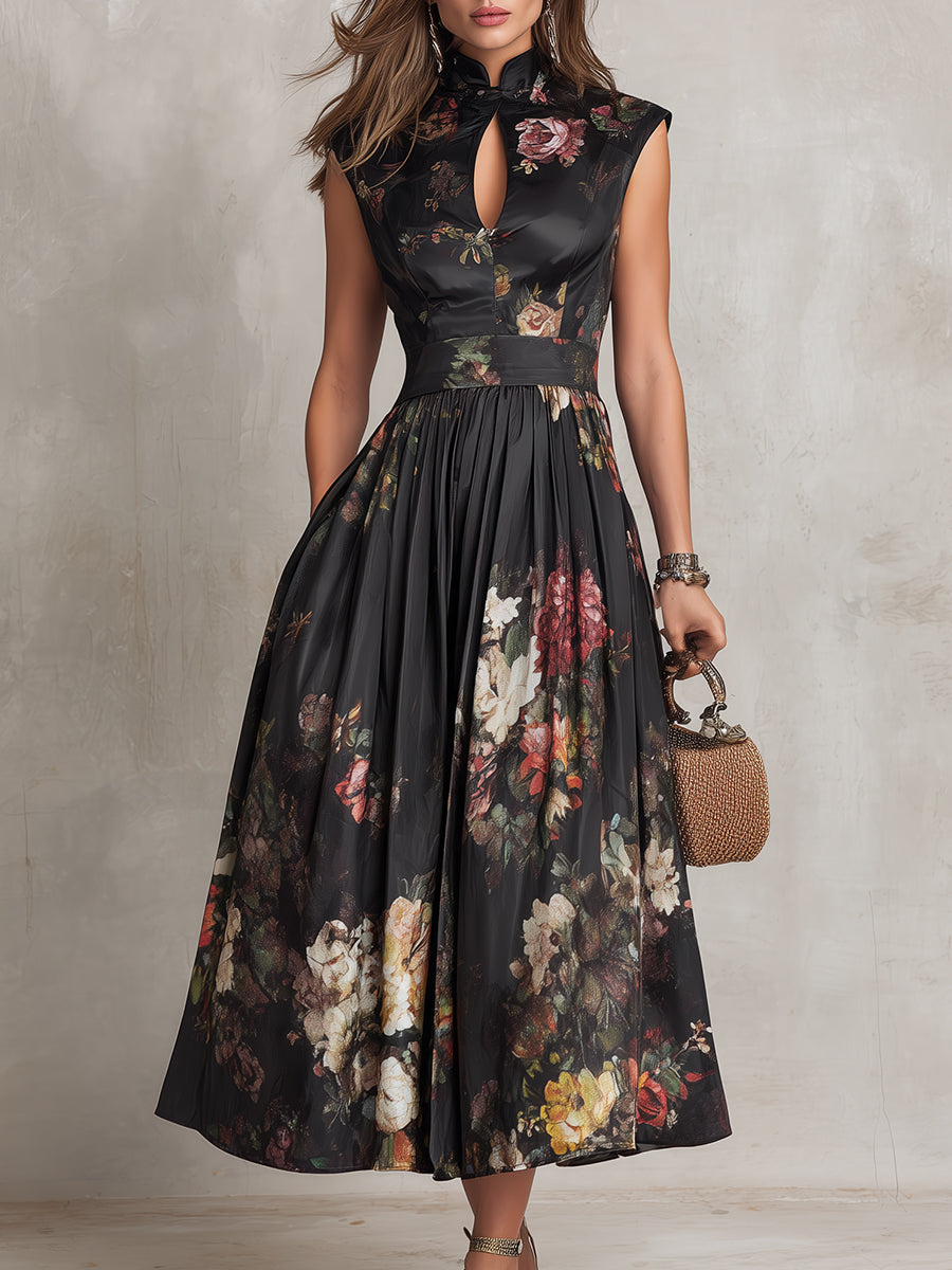Patricia | Black Floral Satin Pleated Midi Dress 2