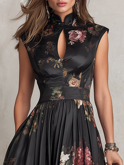 Patricia | Black Floral Satin Pleated Midi Dress 3