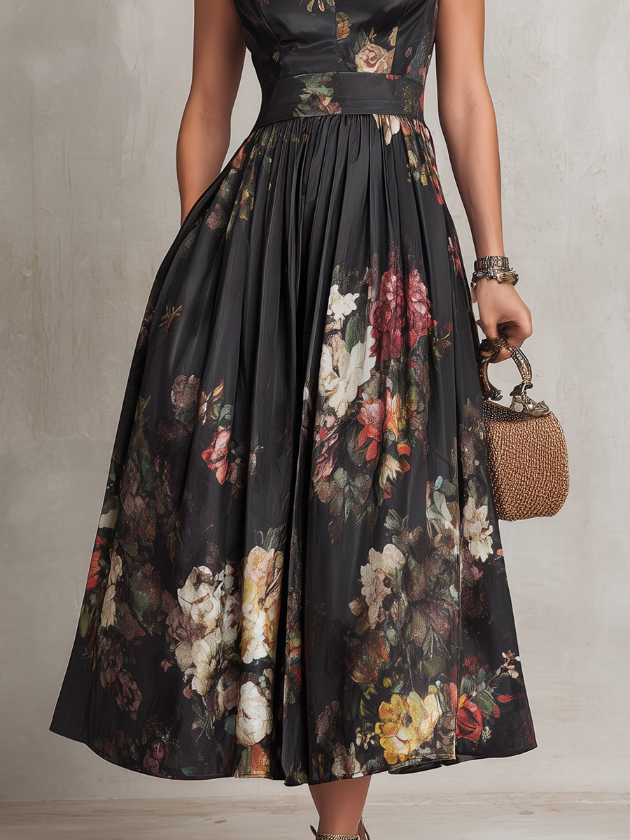 Patricia | Black Floral Satin Pleated Midi Dress 4