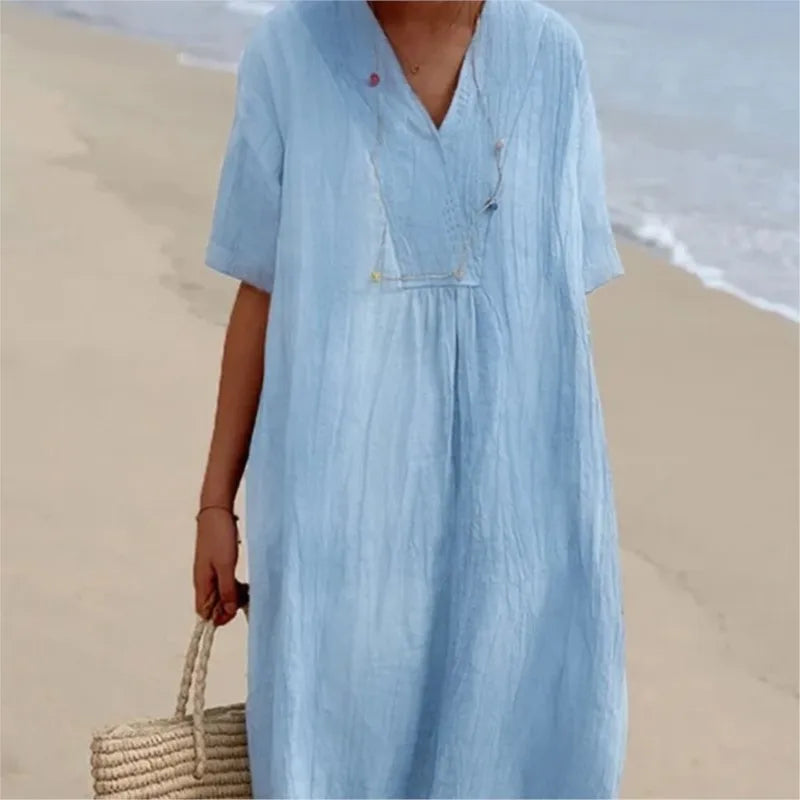 Sandra | Casual dress with linen texture and V-neck 1