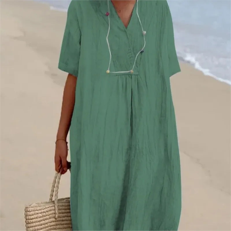 Sandra | Casual dress with linen texture and V-neck 3