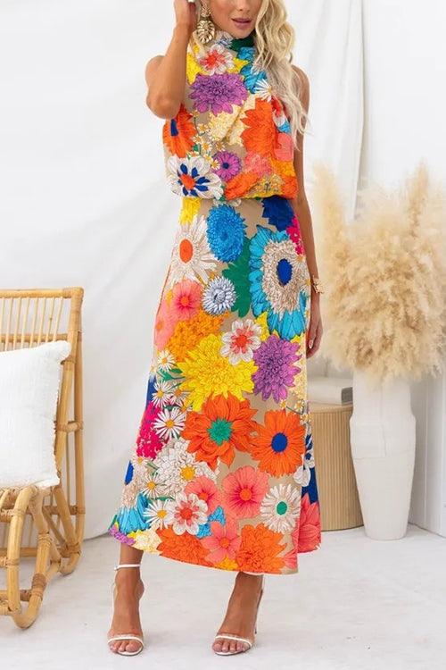 Summer | Sleeveless Tie Neck Waisted Floral Print Maxi Dress 1