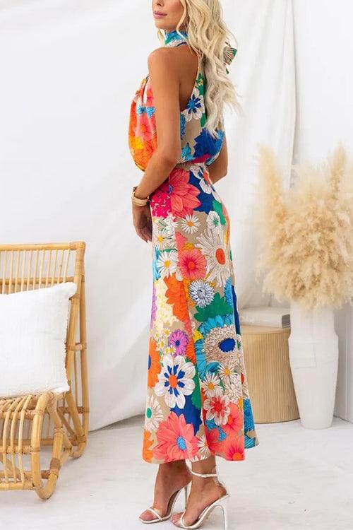 Summer | Sleeveless Tie Neck Waisted Floral Print Maxi Dress 2