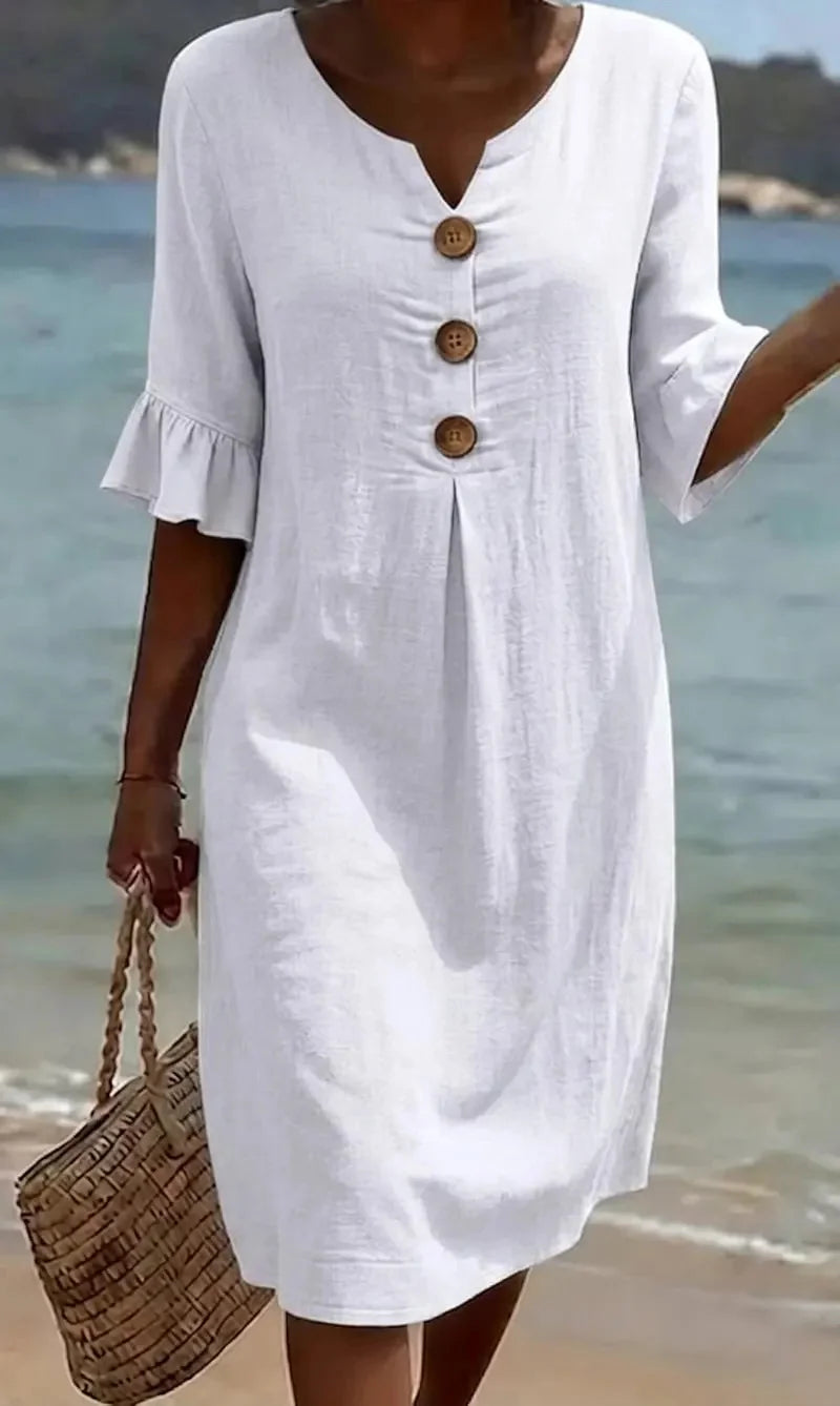 Vanesa™ | Linen-textured dress with puff sleeves and buttons 0