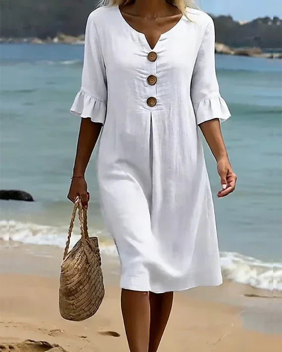 Vanesa™ | Linen-textured dress with puff sleeves and buttons 1