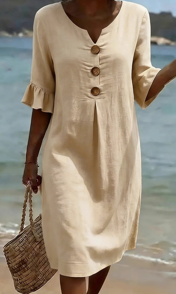 Vanesa™ | Linen-textured dress with puff sleeves and buttons 10