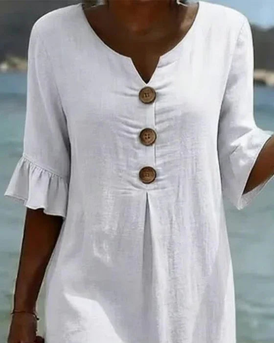 Vanesa™ | Linen-textured dress with puff sleeves and buttons 2