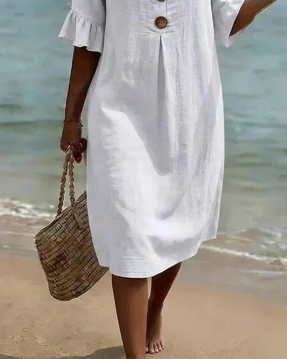 Vanesa™ | Linen-textured dress with puff sleeves and buttons 3