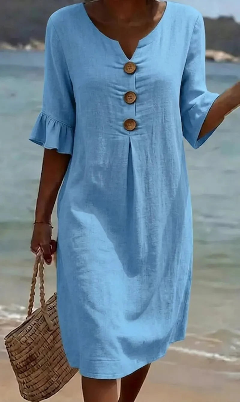 Vanesa™ | Linen-textured dress with puff sleeves and buttons 4