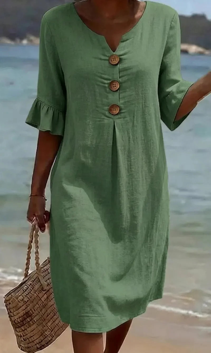 Vanesa™ | Linen-textured dress with puff sleeves and buttons 5