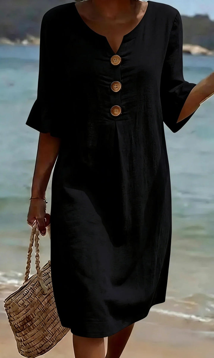 Vanesa™ | Linen-textured dress with puff sleeves and buttons 6